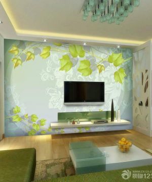 绿色树叶图案手绘电视背景墙壁纸图片大全