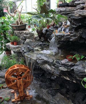 家装阳台小花园假山盆景设计效果图片