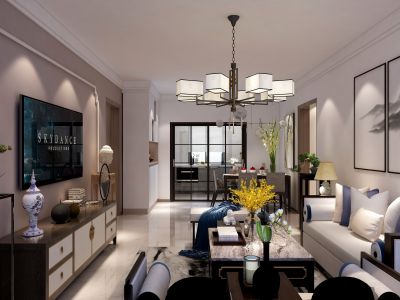 华鼎中央都会137平新中式风三居装修案例