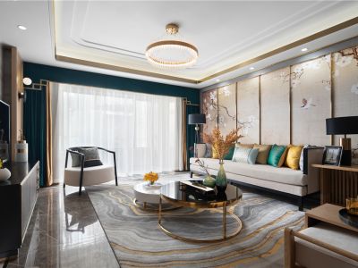 滨海国际君临湾126平米新中式风格三室两厅装修案例